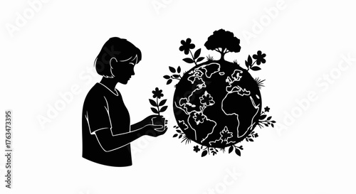 Person nurturing a plant with a vibrant, growing planet Earth symbolizing environmental care and growth.