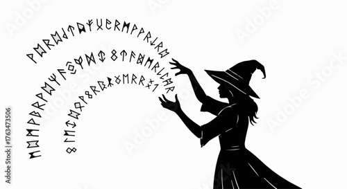 Mysterious witch conjures ancient runes with magical energy, creating an arcane spell