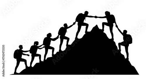 Teamwork and perseverance as hikers assist each other climbing a steep mountain peak.
