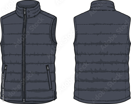 Dark sleeveless puffer vest front and back view vector illustration with quilted stitching, zipper closure, high collar, winter fashion design