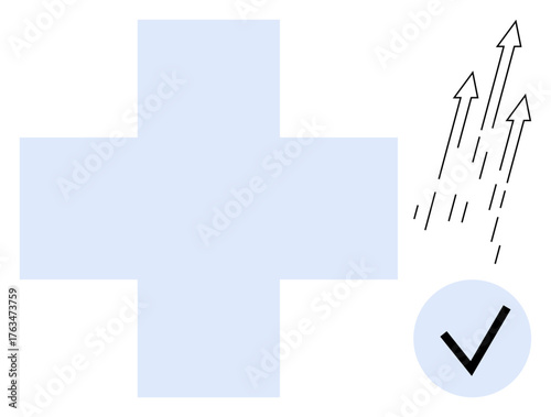 Blue cross symbol with upward arrows and checkmark conveys progress, health improvement, and positive results. Ideal for healthcare, success, growth, performance, positivity, medical simple flat
