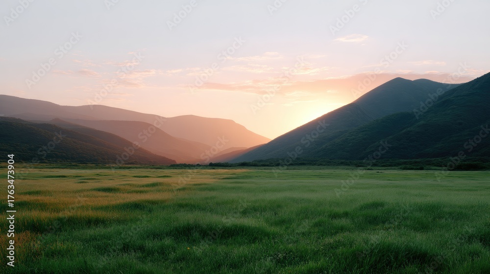 Fototapeta premium Serene Sunset Over Rolling Hills and Green Meadows in a Tranquil Landscape