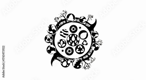 Circular emblem symbolizing global environmental awareness and sustainability with nature elements.