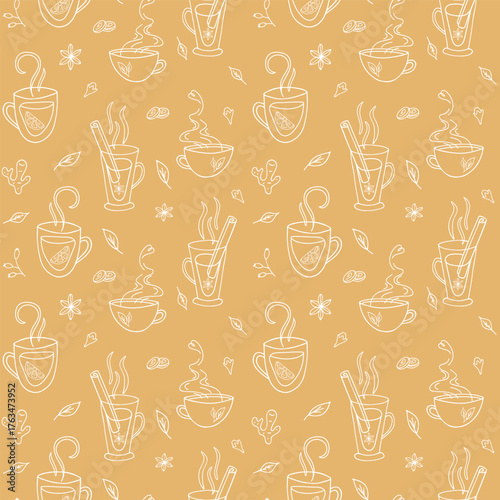 Cozy tea time outline seamless pattern. Hot herbal citrus tea background. Cute winter autumn illustration. Doodle warm drink template for package wallpaper label print