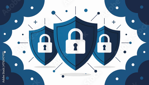 Cybersecurity concept with shield and padlock icons. Modern flat design vector illustration. Data protection and internet safety symbol.