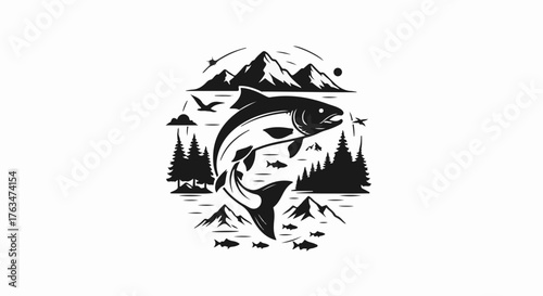 Majestic salmon leaps from water against a backdrop of mountains and evergreen trees