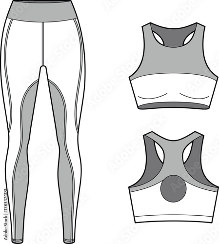 Women’s activewear set vector illustration, sports bra with racerback cutout and high waist leggings, front and back view, fashion CAD flat sketch