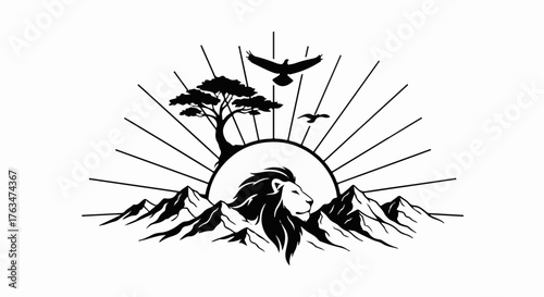 Majestic lion's head emerges from mountain sunrise with soaring birds and acacia tree