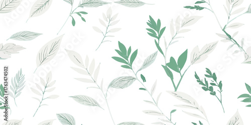 Green seamless vector pattern with floral and plant leaf illustration for textile design