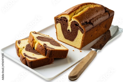 Tasty Chocolate and Vanilla Marble Cake Slice | Sweet Homemade Bakery Dessert with Swirl Pattern on White Background for Food Lovers