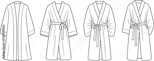 Women’s bathrobe vector illustration set, four styles with collar, belt and cuff variations, fashion CAD flat sketch