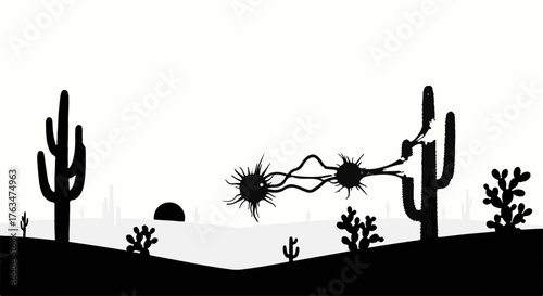 Whimsical desert creatures with spiky bodies navigate a surreal, minimalist landscape under a setting sun.