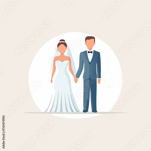 Elegant Wedding Couple Holding Hands in Formal Attire.