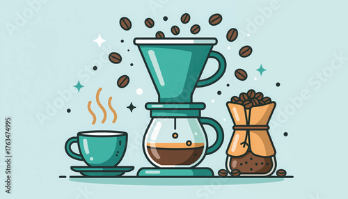 Pour over coffee brewing set illustration. Modern flat design with outline style. Vector graphic with dripper, carafe, cup, and coffee beans