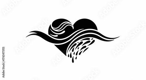 Stylized heart with flowing water and waves, symbolizing love and natural elements