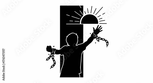Silhouette of a person breaking free from chains towards the rising sun, symbolizing hope and liberation.