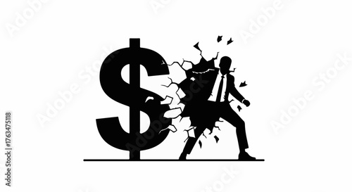 Businessman breaks through dollar sign, symbolizing financial struggle and breakthrough