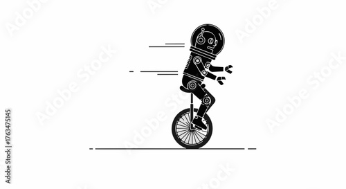 Whimsical robot astronaut skillfully riding a unicycle on a white background