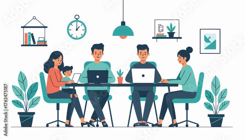 People working in a modern co-working space. Teamwork, collaboration, and work-life balance concept. Flat design vector illustration