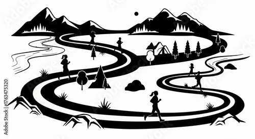 Active individuals enjoying a scenic outdoor journey on winding paths through mountains and trees.