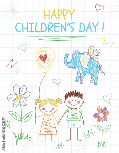 Happy Children’s Day card with kids crayon drawings, doodle paintings of children, a girl holding a balloon with a heart, a boy and a girl holding hands, and a hand-drawn flying elephant with florwers
