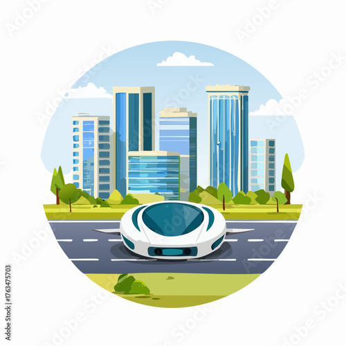 Futuristic Self-Driving Car on Urban Road with Modern Cityscape Background.