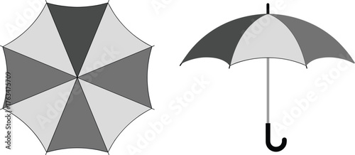Umbrella illustration, top and side view, alternating panel design, fashion sketch, accessory mockup, weather gear template, product layout