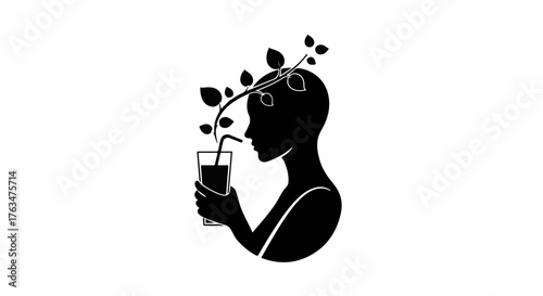 Silhouette of a person drinking a healthy beverage with leaves growing from their head, symbolizing growth and wellness.