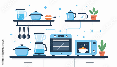 A modern kitchen interior with appliances and cookware. Flat design vector illustration. Home cooking and culinary equipment concept