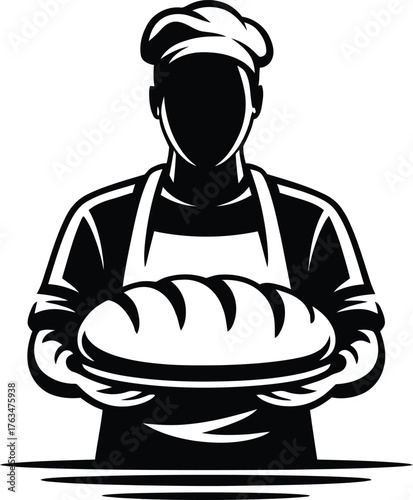 Baker silhouette holding a fresh loaf of bread representing bakery and baking services silhouette
