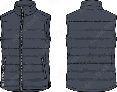 Dark sleeveless puffer vest front and back view vector illustration with quilted stitching, zipper closure, high collar, winter fashion design