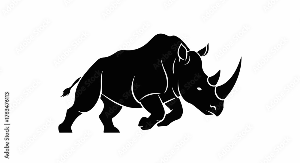 Fototapeta premium Powerful rhinoceros charging forward with determination, depicted in a bold black silhouette.