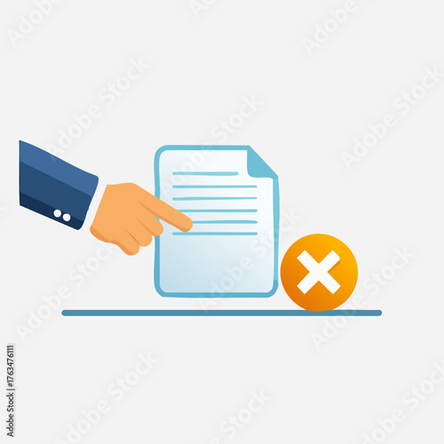 Hand pointing at document with red cross mark.