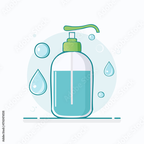 Hand sanitizer bottle with liquid soap, hygiene and cleanliness concept.