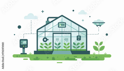 Smart greenhouse and agritech concept illustration. Flat design of modern farming with automation and drones. Vector graphic for sustainable agriculture technology