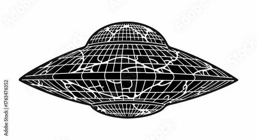 Futuristic flying saucer with intricate grid pattern and abstract lightning.