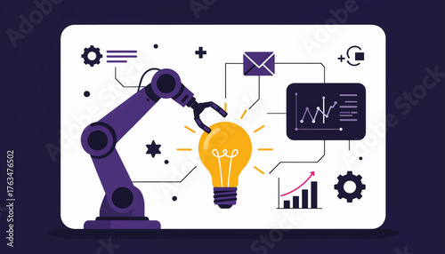 Automation and idea generation concept. A robotic arm holds a lightbulb with data charts and icons. Flat design vector illustration