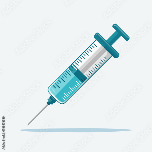 Medical Syringe with Blue Liquid and Needle.