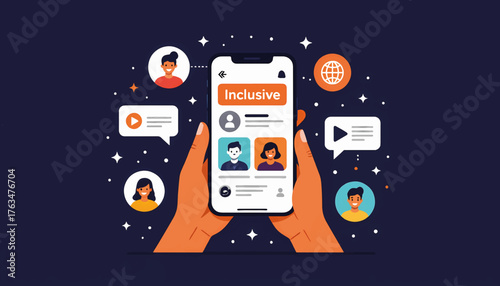 Inclusive communication and social media app concept. Flat design vector illustration of hands holding a smartphone. Global network with diverse user profiles