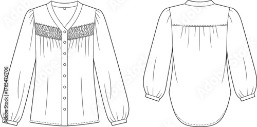 Women’s blouse vector illustration, front and back view, V‑neck button down with smocking detail and long sleeves, fashion CAD flat sketch