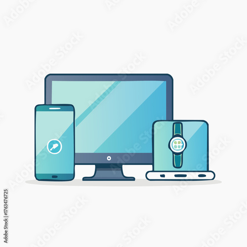 Modern electronic devices - smartphone, desktop monitor, and laptop with smartwatch display.