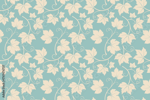 Grapevine with leaves pattern, creme vine silhouette on blue pastel background. Textile background