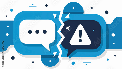 Communication breakdown and conflict concept. Speech bubbles with a warning sign separated by a crack. Flat design vector illustration