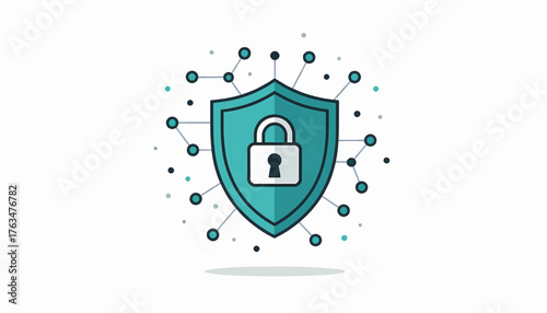 Cybersecurity shield icon with a padlock. Digital network protection and data safety concept. Modern flat vector illustration