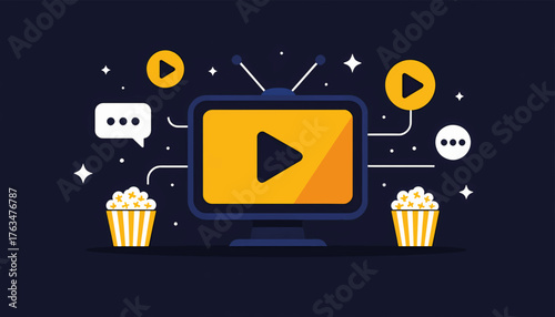 Video streaming and entertainment concept illustration. Flat design television with popcorn and play icons. Movie night and home cinema vector graphic