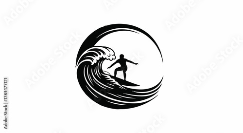 Silhouette of a surfer riding a powerful wave within a circular emblem, evoking adventure and freedom.