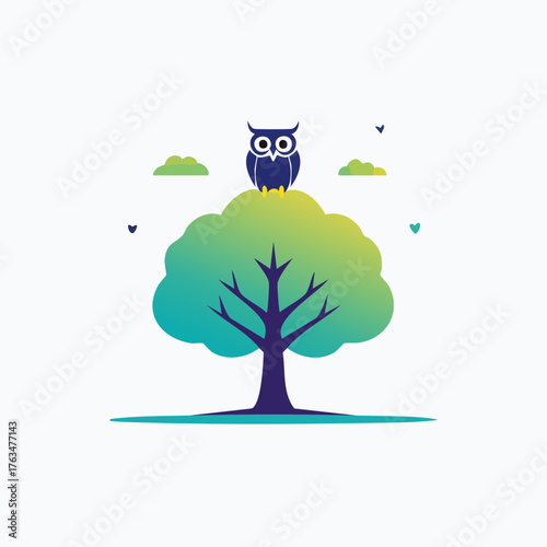 Owl perched atop a vibrant tree, nature illustration.