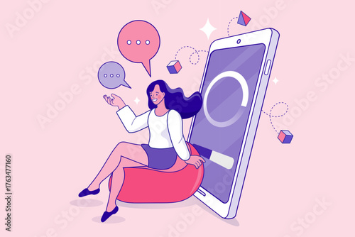 A woman waits patiently for an app to finish loading on her smartphone. The progress bar shows a system update, data processing, or a file download is in progress while she chats.