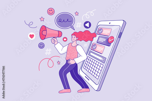 A woman with a megaphone announces a successful social media campaign. A checklist on a smartphone shows the completed marketing plan, surrounded by hashtags, hearts, and emoji for engagement.
