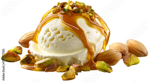 Creamy vanilla ice cream scoop with salted caramel and pistachios, cut out transparent